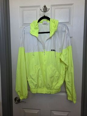 VTG. 80s 90s Retro Neon Yellow and White Colorblock Windbreaker Jacket Size Med.